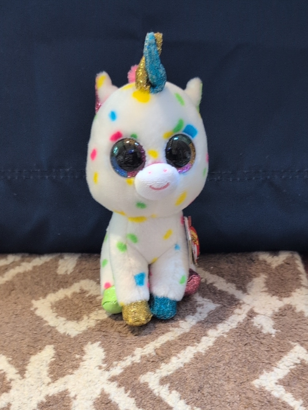 Ty White Unicorn Plush with Multicolor Spots and Sparkle Horn